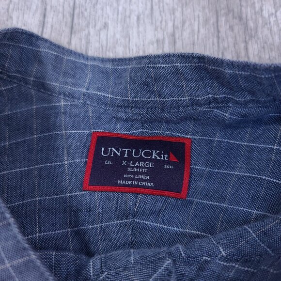 Untuckit Shirt Mens XL Slim Fit Blue Plaid Linen Blade Button Long Sleeve Top - Picture 6 of 7